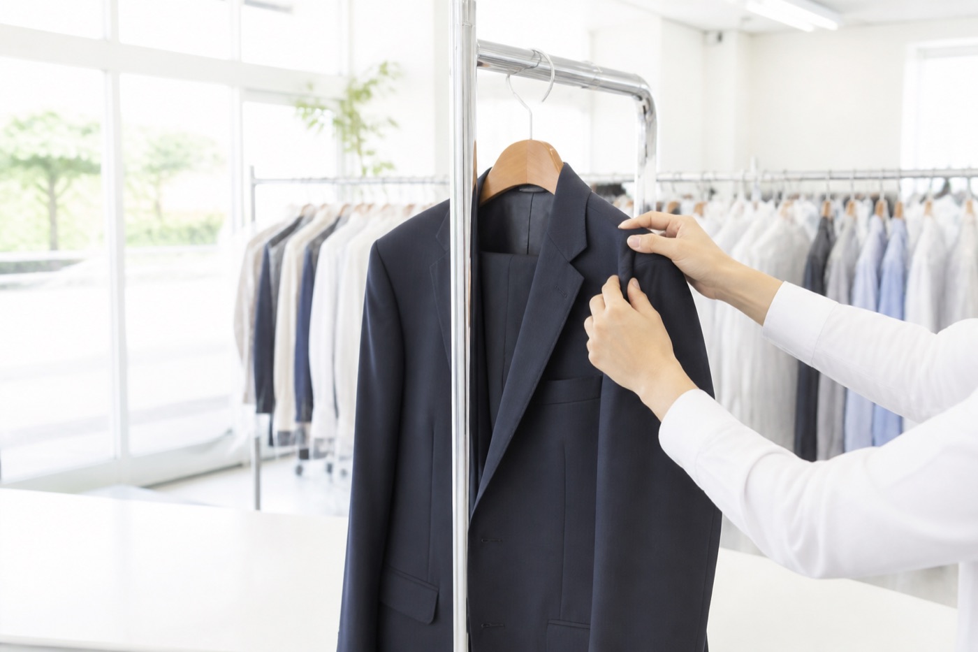 ハンガーにかけたジャケットの肩の形を手で整えている様子